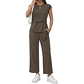 Casly Lamiit 2 Piece Set for Women Summer Casual Cap Sleeve Top with Belted Tie Crop Wide Leg Pants Travel Airport Outfit
