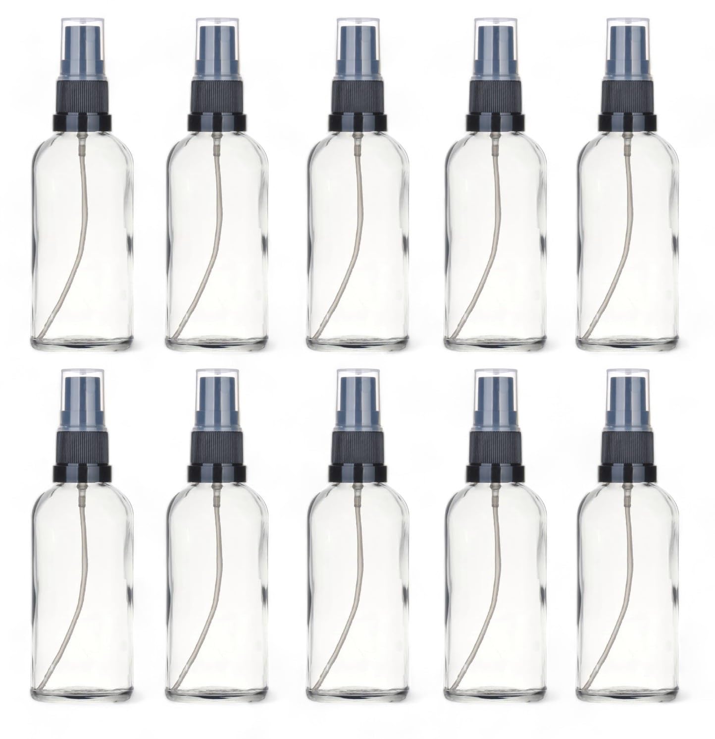 AVALON Pack of 10 x 100ml Clear Glass Bottles with GL18 Neck and Black Fine Mist Finger Sprays with Clear Overcap - Ideal for Cosmetic, Aromatherapy, and DIY Art & Craft Projects