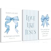 Blue Bow Jesus Canvas Wall Art Decor, Light Blue Coquette Dorm Room Wall Decor Paintings, Inspirational Bible Verses Posters Prints Pictures for Girls Dorm Room, Bedroom, Bathroom 16x24 Inch Framed
