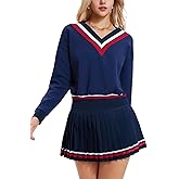 IUK Women's 2 Piece Tennis Skirt Set, V-Neck Long Sleeve Sweatshirt & High Waisted Pleated Skirt, Athletic Outfit for Golf