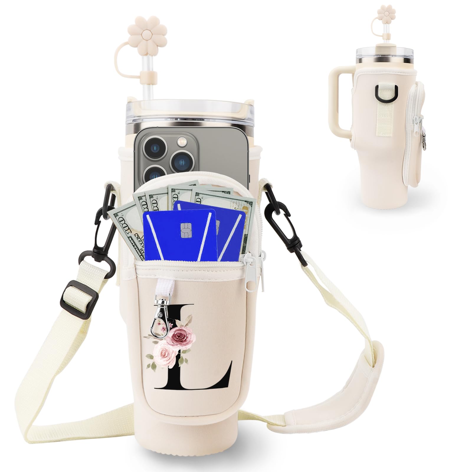 Initial Personalized Water Bottle Bag for Stanley 40oz Tumbler,with Phone Pocket,Neoprene Water Bottle Carrier with Adjustable Strap and Straw Cover & Carabiner,for Stanley Cup Accessories (L)