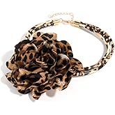 Izpack Leopard Print Big Rose Flower Layered Statement Choker Necklace Fabric Floral PU Leather Chain Adjustable Necklaces Boho Party Accessories Jewelry for Women