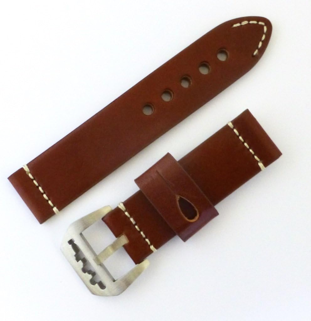 24mm Hand-Knit Brown Band Strap White Stitching w/Submarine Buckle Replacement for Panerai