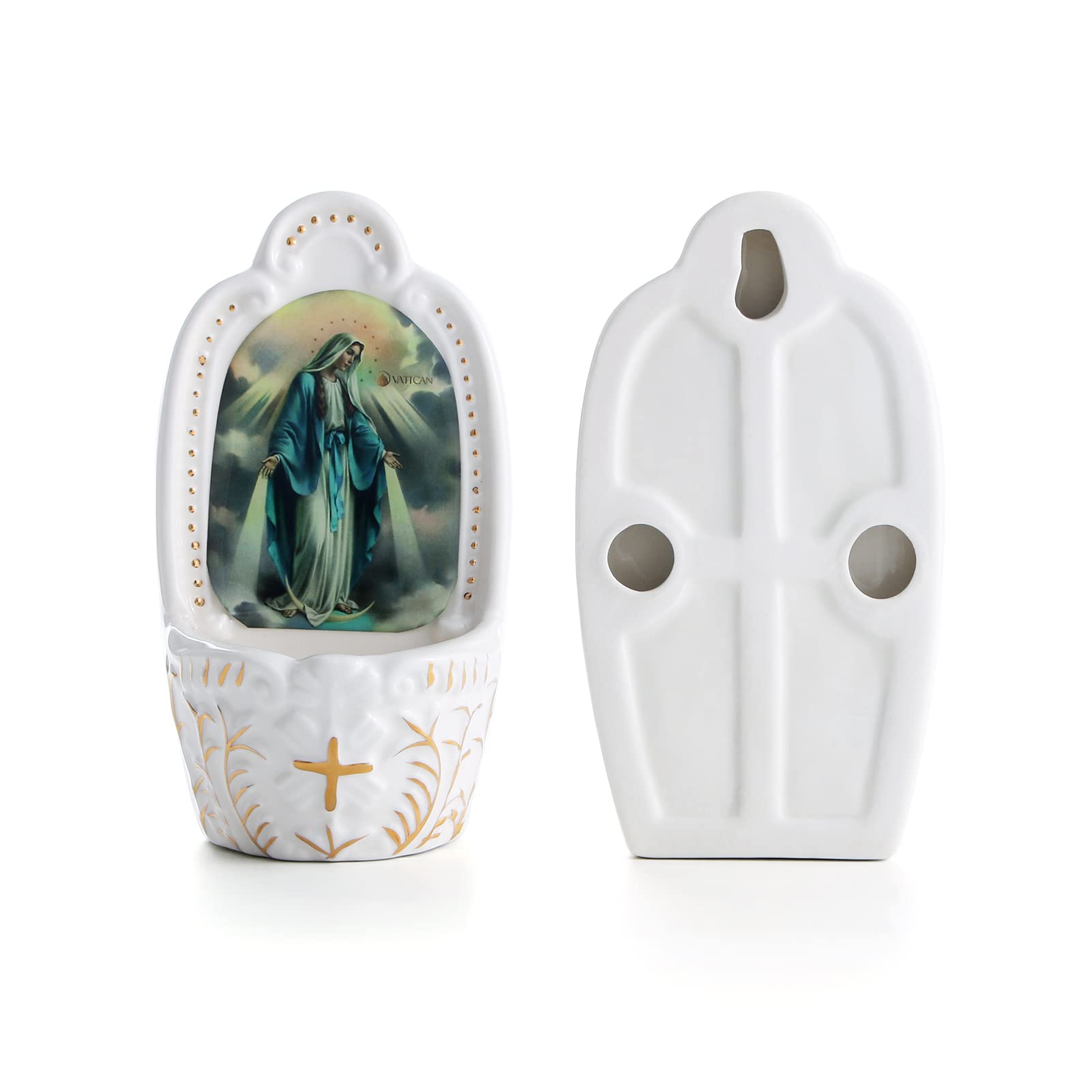 KOMI Porcelain Catholic Holy Water Font Virgin Mary Holy Water Font for Entrance of Home Church Wall Hanging Decor Great Gift for First Communion, Confirmation, or New Home, Catholic