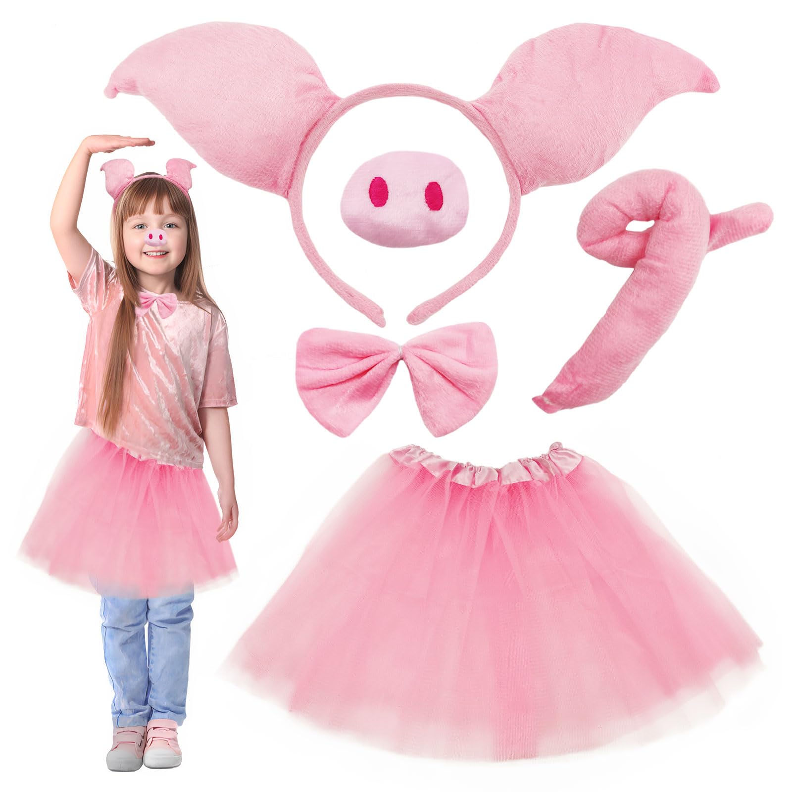 SKHAOVS 5-Piece Pig Costume Set - Pink Pig Ears, Tail & Bow Tie, Kids Halloween Fancy Dress