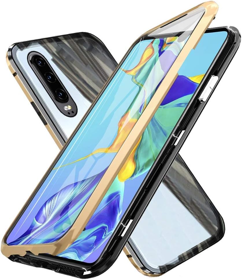 Fvntuey Compatible with Huawei P30 Lite/Nova 4e [Magnetic Adsorption Case] Metal Frame Clear Slim Fit [Ultra-Thin] Shell Tempered Glass Double Cover 360° Bumper Lightweight Cover for P30 Lite(Gold)