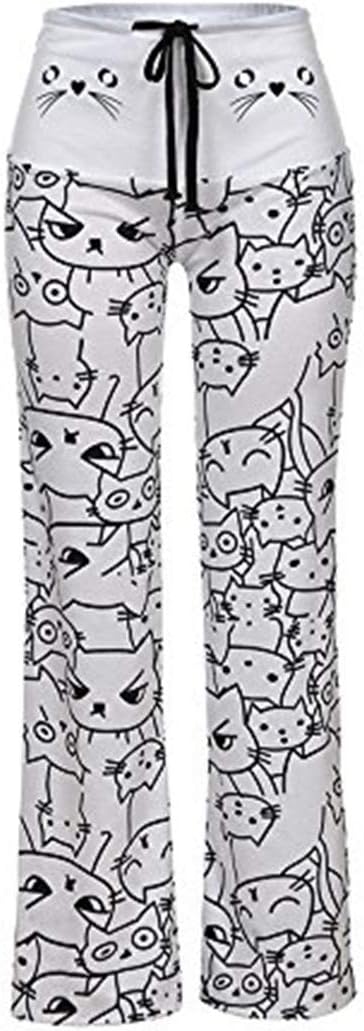 Women Cat Prints High Waist Drawstring Leggings Sports Gym Yoga Workout Fitness Pants