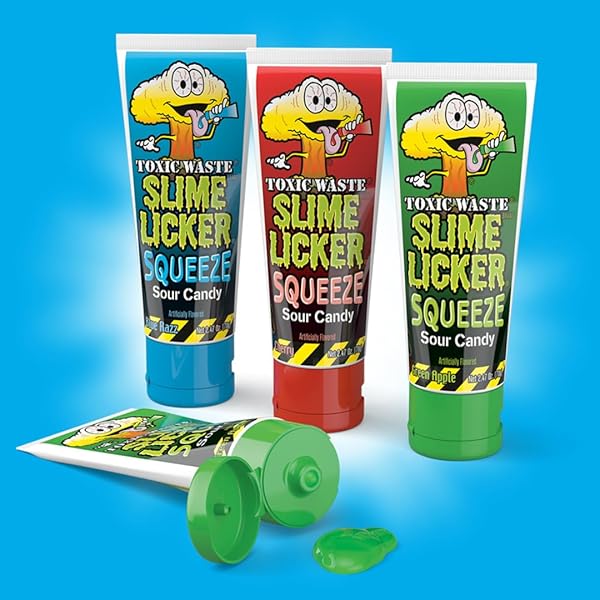 TOXIC WASTE – SLIME LICKER SQUEEZE – SOUR SQUEEZE SLIME CANDY – GREEN APPLE, BLUE RAZZ, & CHERRY FLAVORS – 2.47 OZ. TUBES – 12-PACK