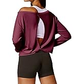 Yousify Womens Open Back Workout Tops Cropped Long Sleeve Boat Neck Athletic Shirts Casual Running Gym Yoga Tees