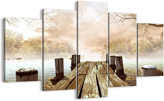 Tableau Toile 150x100cm - Triptyque 5 Parties - Arbre Nature Champ - Déco Murale Salon Moderne