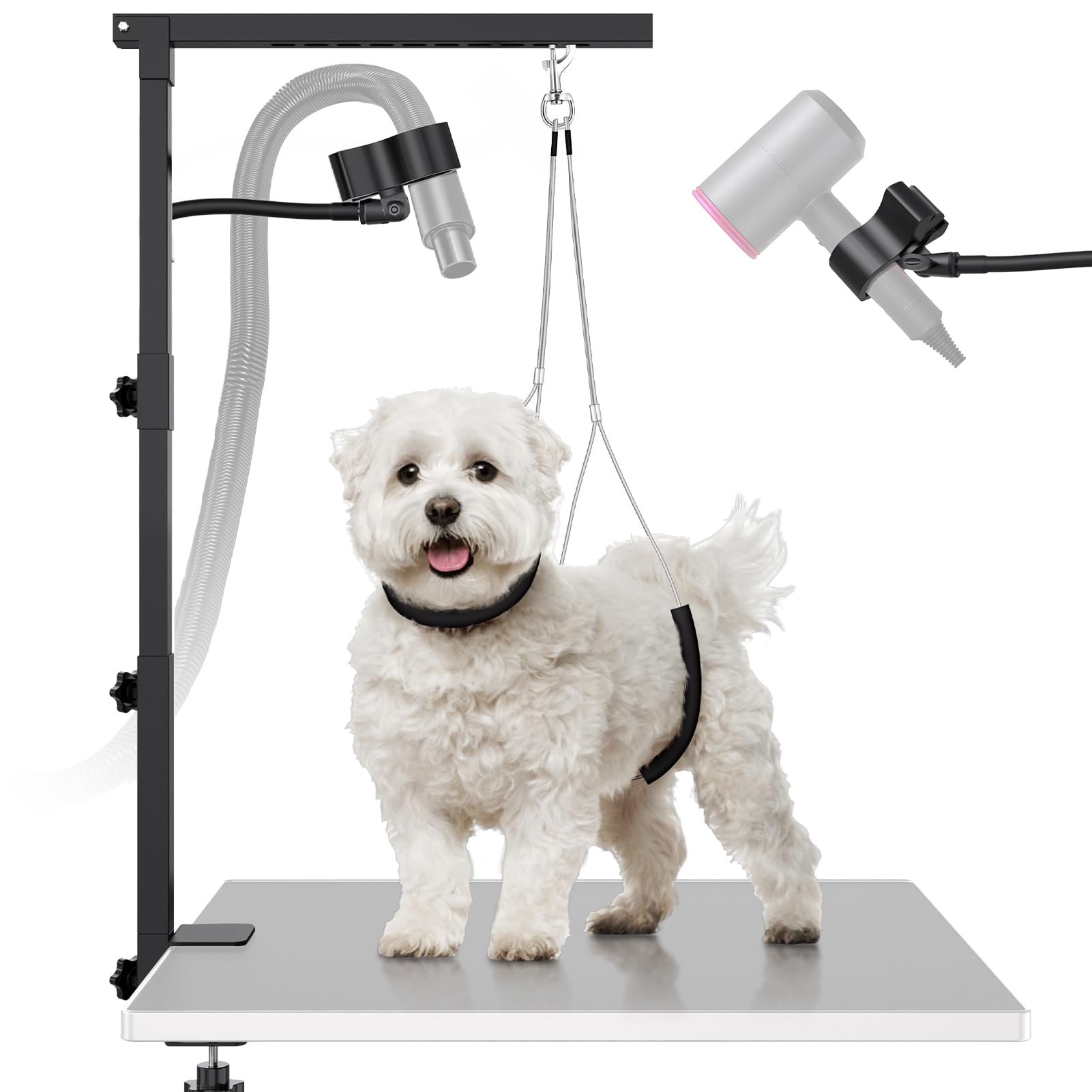 Photo 1 of Dog Grooming Arm with Hair Dryer Stand, Adjustable 37'' Dog Grooming Table Arm with Clamp & Dogs Restraints for Grooming Small Medium Dogs Cats, Foldable Pet Grooming Stand at Home
