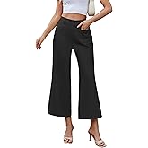 Famulily Womens Button Down Wide Leg High Elastic Waisted Capri Pants Casual Dressy Cropped Pants with Patch Pockets