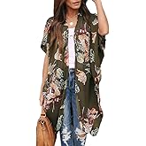 Ivay Womens Floral Kimono Duster Cardigans Short Sleeve Draped Oversized Beach Cover Up Cape