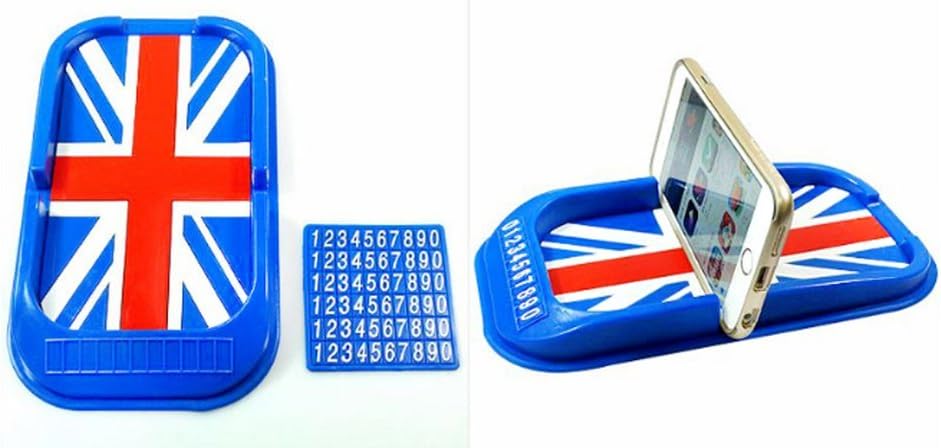 Union Jack UK Flag Car Dashboard Cell Phone Cradle Holder, Non Slip Silicone Smart Phone Stand Pad with Phone Numbering Mat