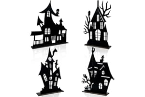 SSAILUE DECOR Halloween Decorations Indoor - 4 Pcs Halloween Table Decor Haunted House Black Wooden Sign Silhouette Sketch Ghost House Tabletop Centerpiece for Party Home Decorations