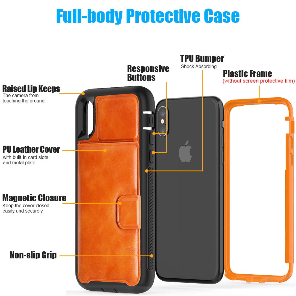 iPhone X Case, iPhone XS Shockproof Protective Wallet Case with PU Leather Card Holder for Apple iPhone X/XS (5.8 inches) [Orange+Black]