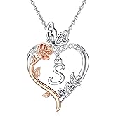 TOUPOP Valentines Day Gifts for Her 925 Sterling Silver Rose Heart Initial Necklace Butterfly Heart Jewelry Anniversary Birthday Gifts for Her Wife Girlfriend Mom