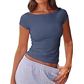 Beumissy Women's Boat Neck Short Sleeve T-Shirts Y2K Cute Going Out Tops Summer Baby Tees