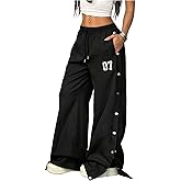 BEAUDRM Women's Baggy Sweatpants Y2k Buckle Slit Track Pants Drawstring Waist Wide Leg Trousers Streetwear