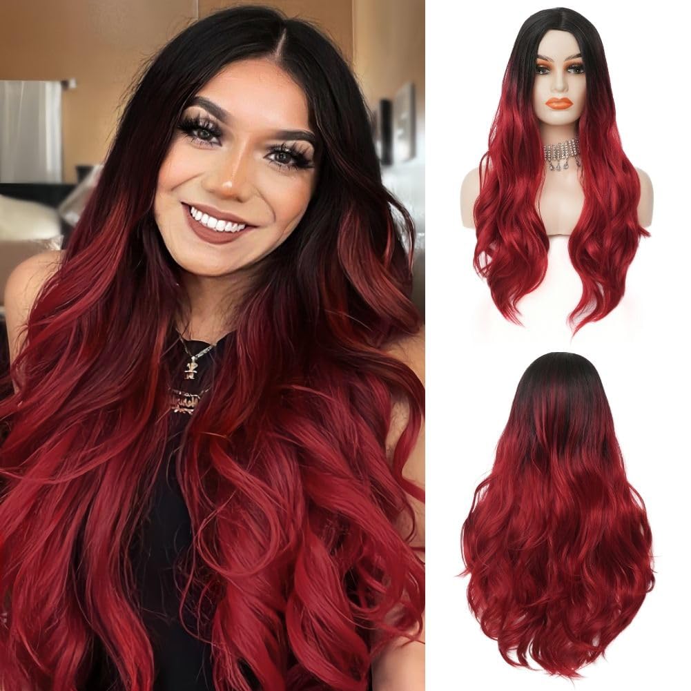 Siudus Black Red Long Curly Wigs for Women Ombre Red Middle Part Wavy Hair wig Heat Resistant Fibre Wig for Halloween Cosplay Costume Party Use