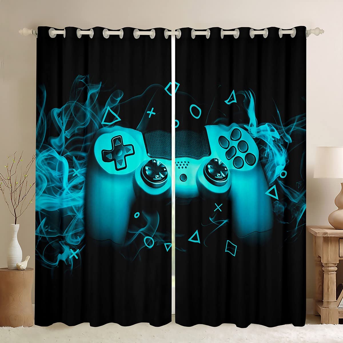 Loussiesd Teal Gaming Curtain for Boys Bedroom Gamer Window Treatments Video Game Geometric Window Drapes Light Reducing Soft Curtains with Grommet Console Game Controller W46*L54