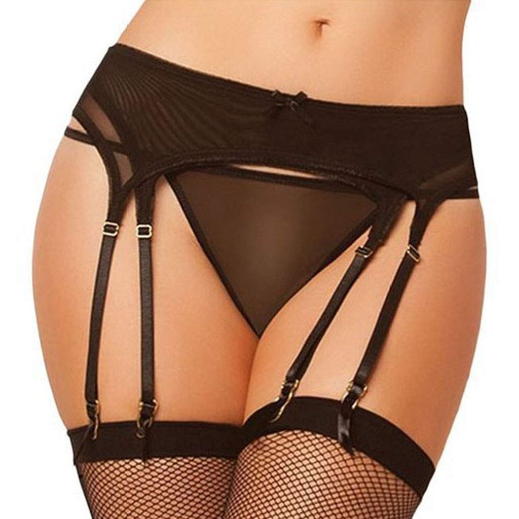 Hoiert Women's Bowknot Perspective ThighHigh Stockings Garters Belt Suspender GString One Size