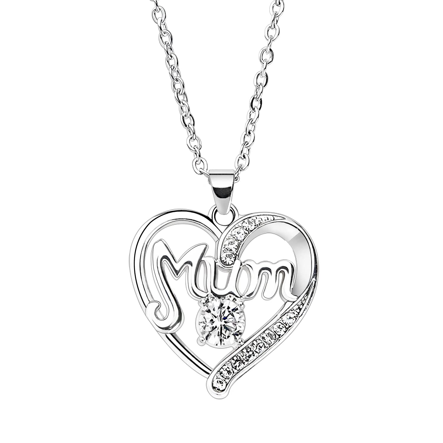 BESPMOSP Mum Necklace Mother's Day Gifts Heart Gifts Birthday Gifts For Mum Crystal Pendant Necklace (Clear)