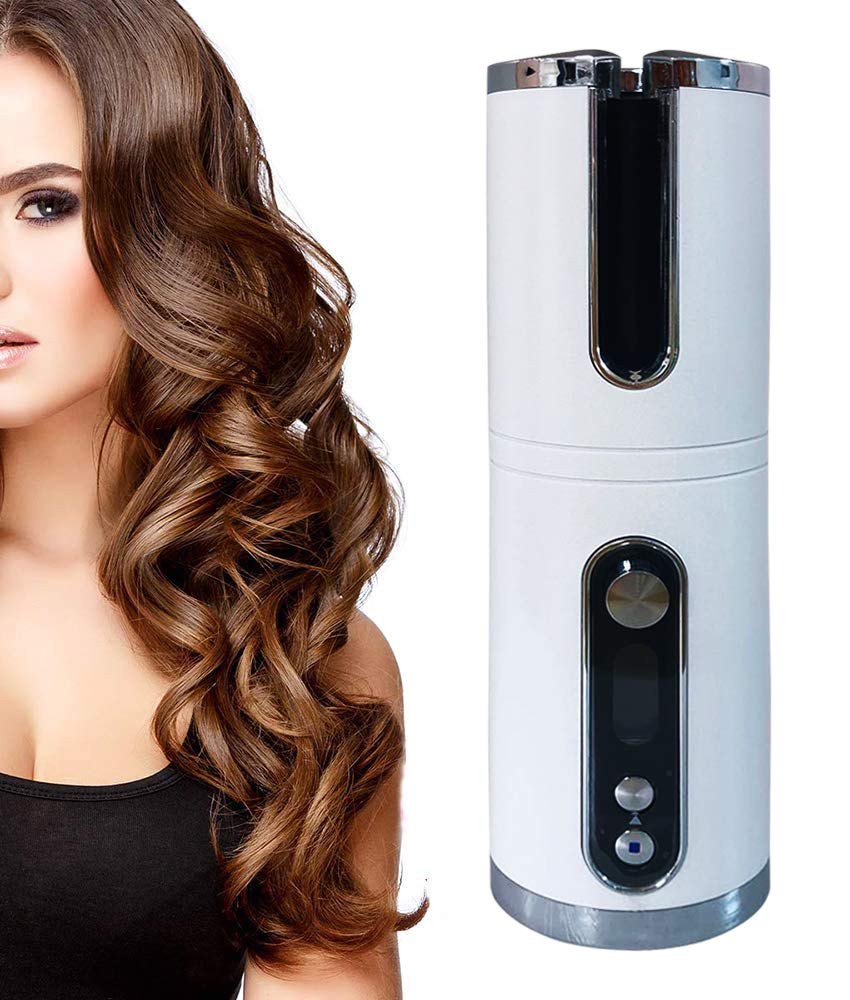 Cordless Automatic Hair Curler, Auto Curler Adjustable Temperature with Built-in Rechargeable Battery and LCD Display USB Intelligent Curling Iron Hair Stying Tool, white
