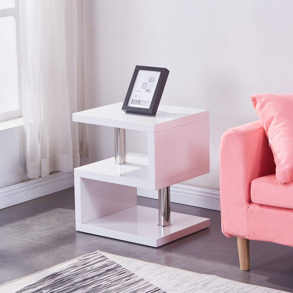 GOLDFAN High Gloss Side Table Modern S Shape Coffee Table Small 2 Tier Storage Shelves Unit for Living Room Bedroom,White