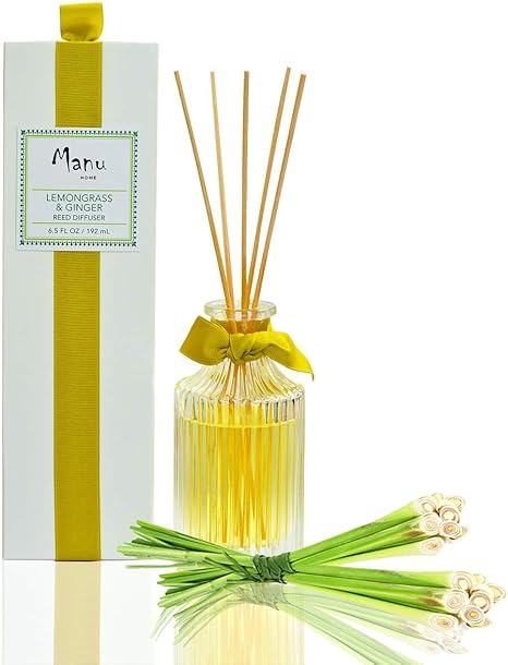 Amazon Com Manu Home Lemongrass Ginger Reed Diffuser Gift Set 6 5oz Made With Aromatherapy Essential Oils Soothing Scent Housed In Beautiful Reusable Luxurious Bottle Made In Usa Home Kitchen