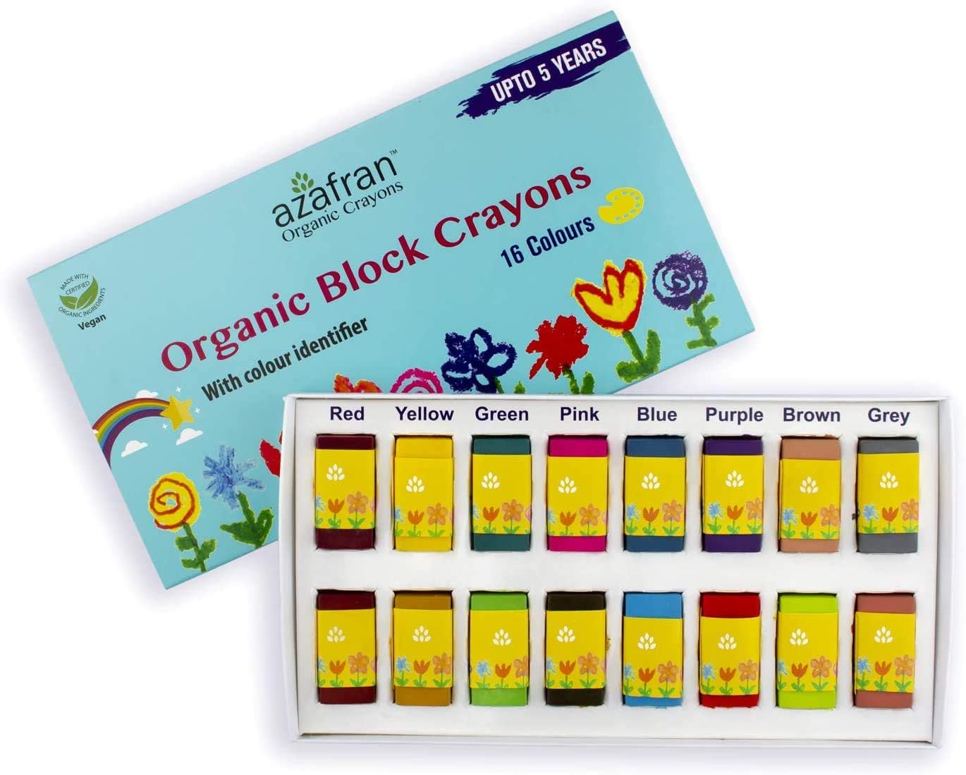 Azafran Organic Crayons Organic Block Crayons, 16 Colors Plant-Derived Ingredients, Non-Greasy, Eco Friendly, Food Grade Colors, For Toddlers, Fun With Playing and Stacking - 120 Grams