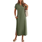 MEROKEETY Women's Summer Casual Maxi Dress 2026 Cap Sleeve V Neck Collared Beach Vacation T Shirt Long Dresses