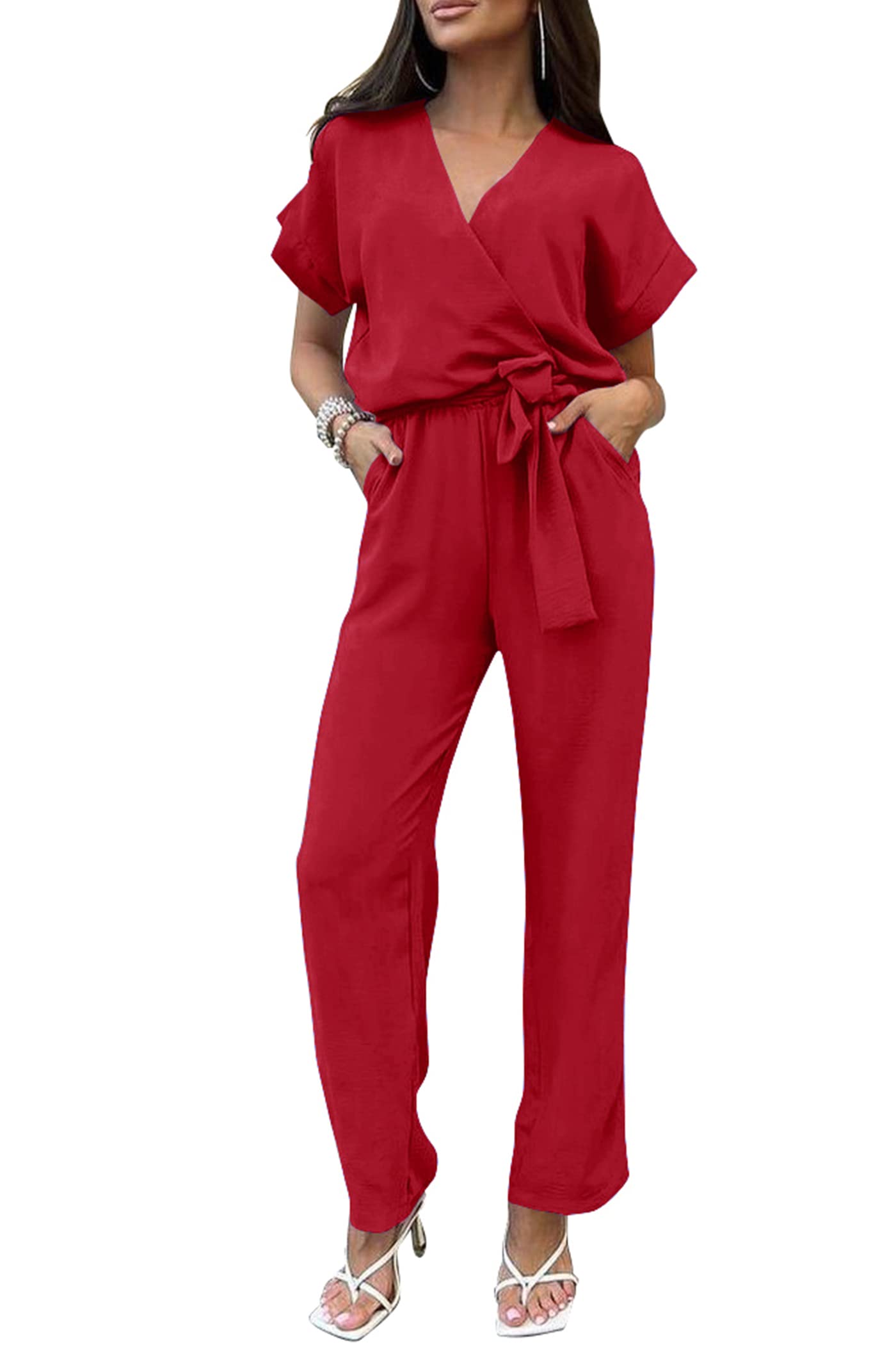 Photo 1 of (missing belt) PRETTYGARDEN Women's One Piece Jumpsuits Dressy Casual Summer Short Sleeve Wrap V Neck Belted Wide Leg Pants Romper (Red,Large)