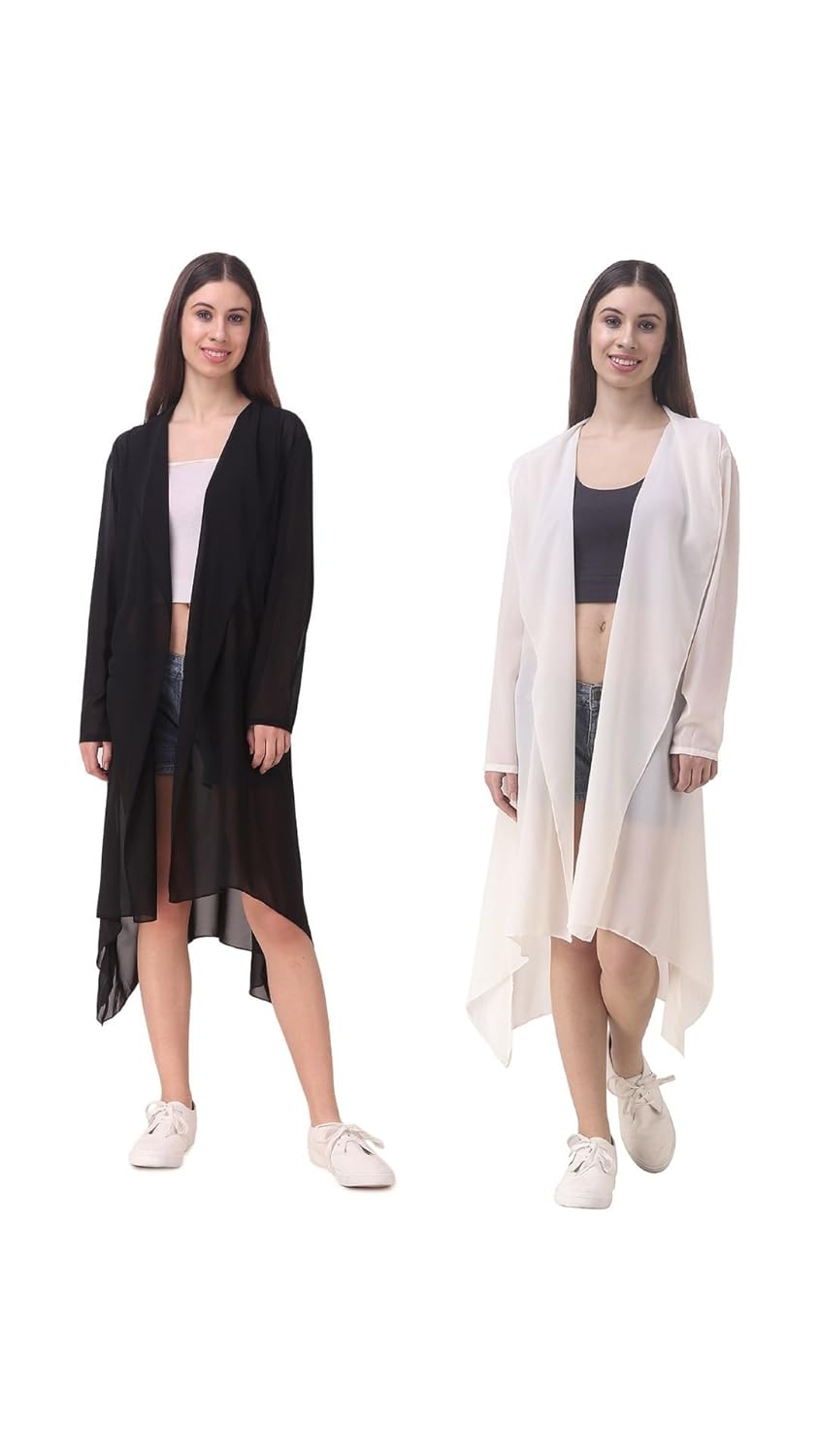 bfly women's georgette stylish long shrug (black & off-white)(pack of 2)