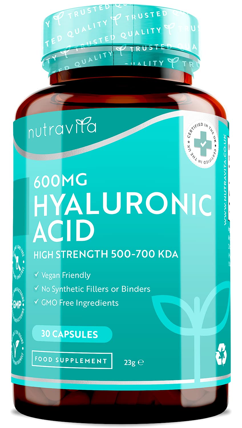 Hyaluronic Acid Capsules - One Month Supply of 600mg Hyaluronic Acid Capsules - High Dose with 500-700 KDA - GMO Free with No Synthetic Fillers or Binders - Made in The UK by Nutravita