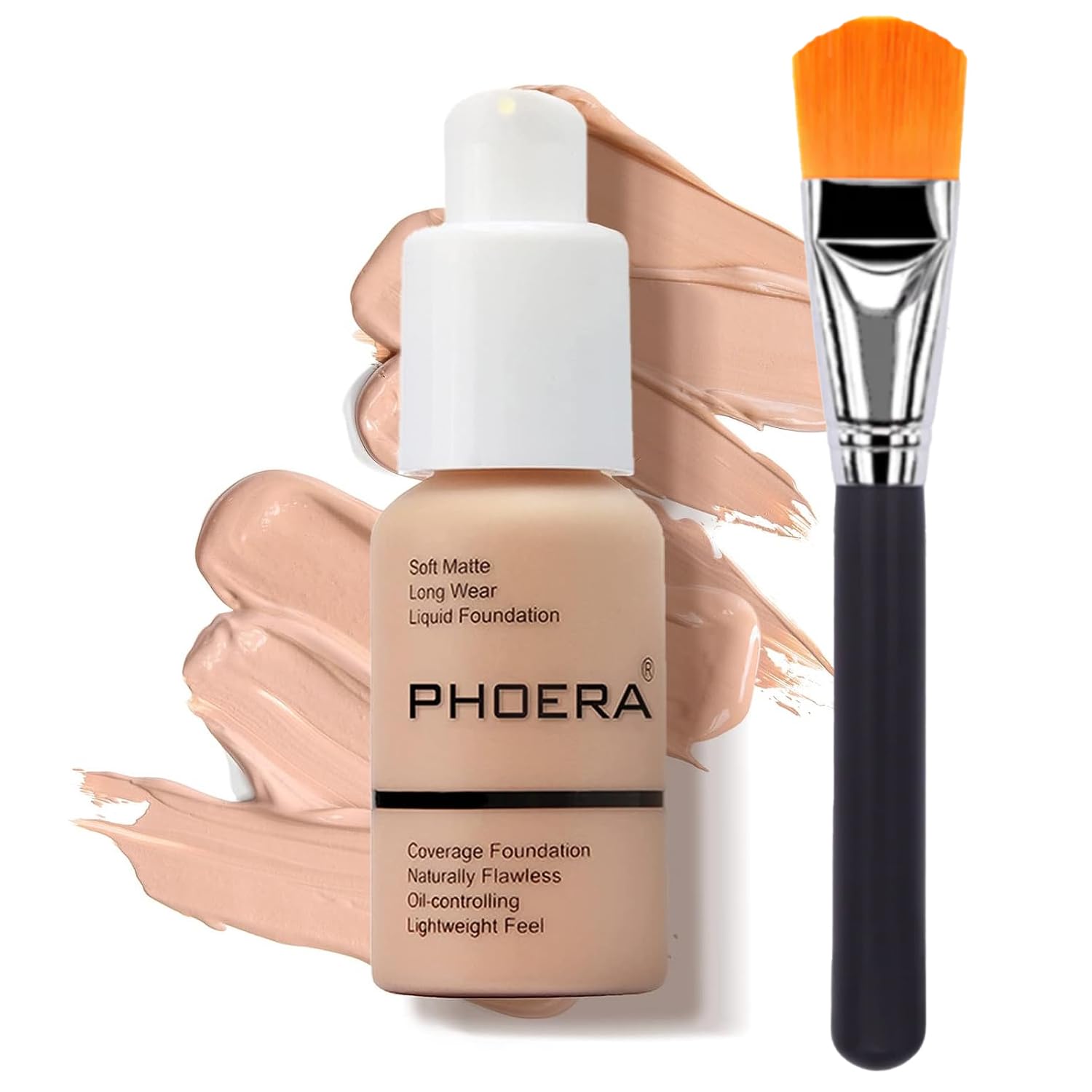 Glamza PHOERA Foundation Concealer Makeup Full Coverage Matte Brighten Long Lasting UK + Professional Flat Face Foundation Brush (106 WARM SUN)