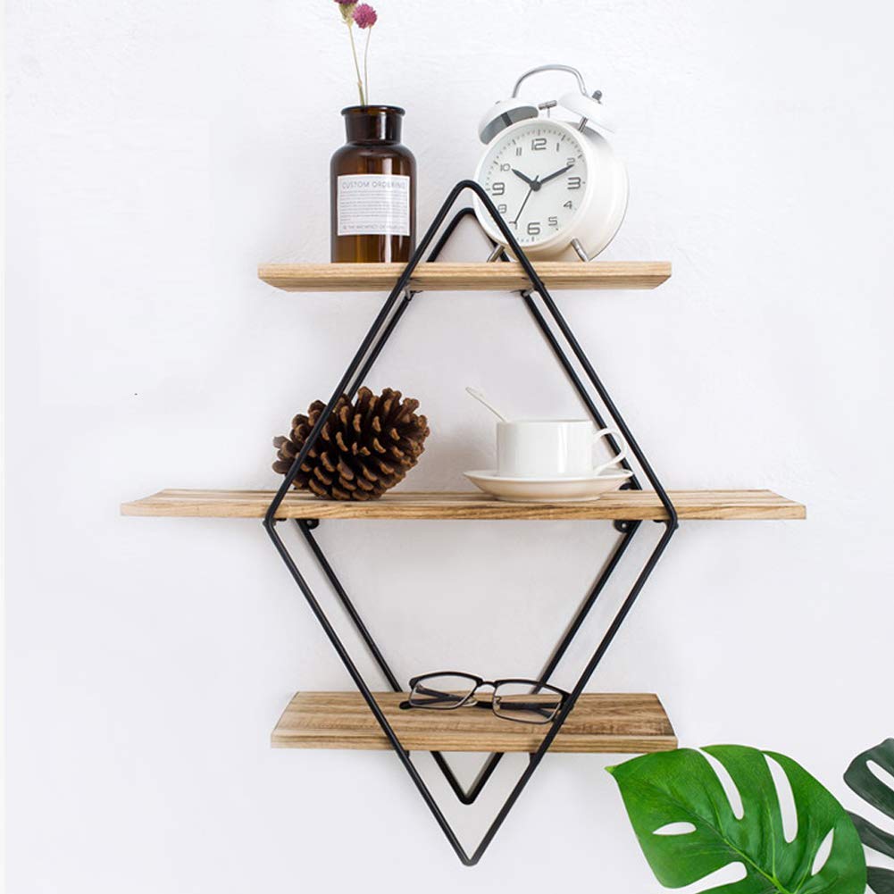 Jolitac Wall Mounted Shelf Metal Wire and Wooden Storage Decorative Floating Shelves Display Racks Bookshelf Record Holder Flower Plant Pot Shelf Rack Modern Office Home Display (Diamond)