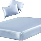 SiinvdaBZX 3-Piece Set Satin Full Fitted Sheet &amp; 2 Pillowcase, Baby Blue | Silky Soft Fitted Bottom Sheet, Deep Pocket Sheet Design Fits 15 Inch Mattress, Wrinkle Free, Fade Resistant