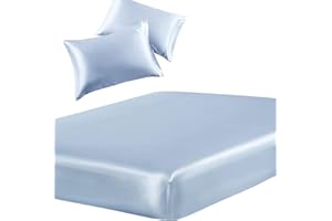 SiinvdaBZX 3-Piece Set Satin Twin XL Fitted Sheet & 2 Pillowcase, Baby Blue Silky Soft Fitted Bottom Sheet Twin Extra Long Bed Sheets, Wrinkle Free, Fade Resistant (Deep Up to 15")