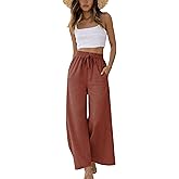 Yeokou Women Linen Cotton Wide Leg Pants Drawstring Elastic High Waist Casual Palazzo Trousers with Deep Pockets