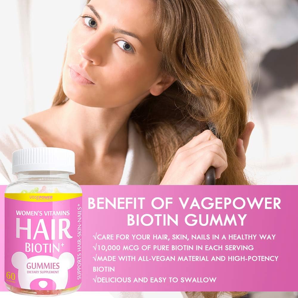 Vegepower Biotin Vitamin Gummies 10000 mcg for Fast Hair Growth, Skin and Nails-Collagen Booster Plus Multivitamin C & E, Vegan, Pectin-Based, Non-GMO, for Women Men-3 Natural Fruit Flavors: Health & Personal Care