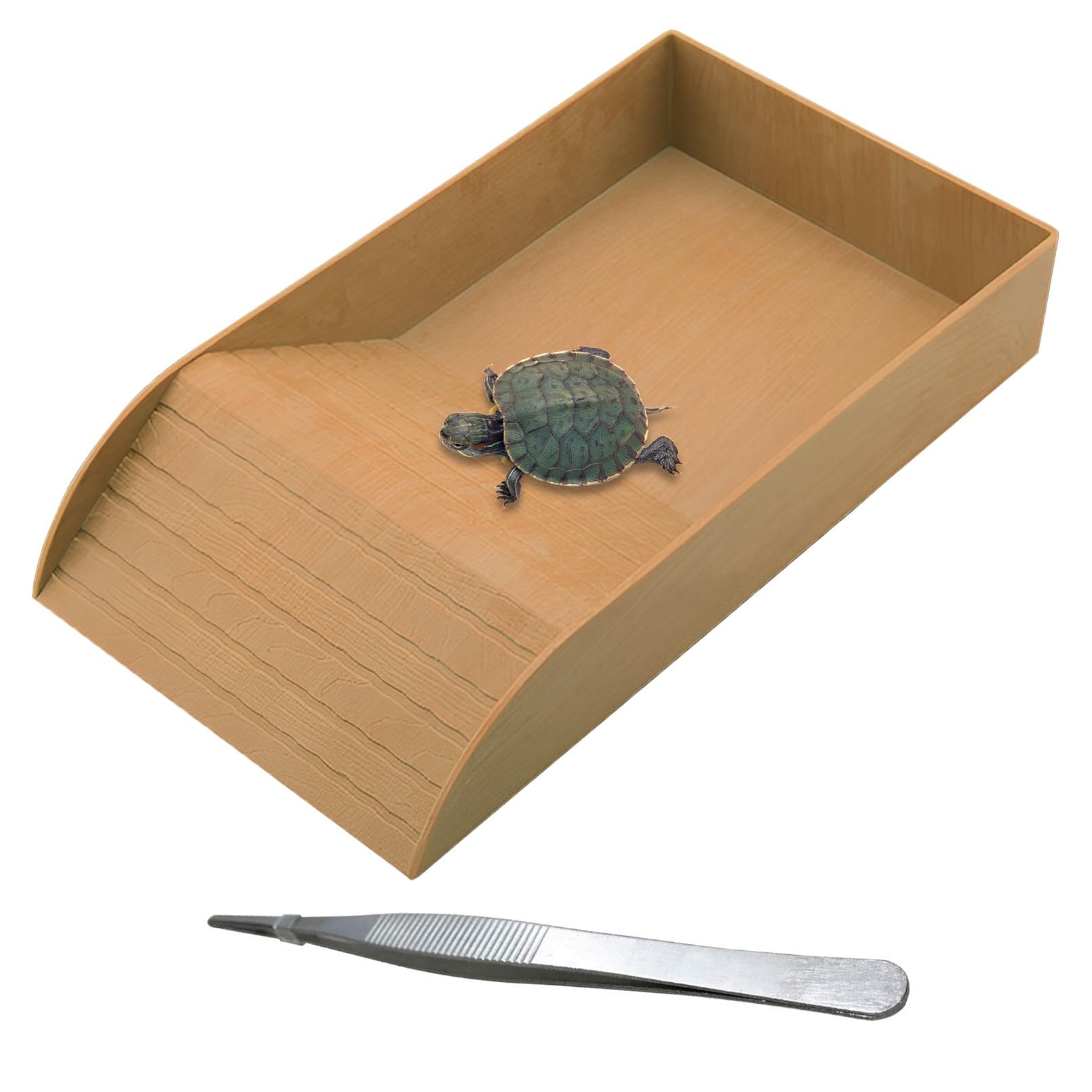 Photo 1 of kathson Reptile Tortoise Turtle Feeding Dish with Ramp and Basking Platform Plastic Turtle Food and Water Bowl Also Fit for Bath Horned Frogs Lizards Amphibians (Brown, Emulational Wood)