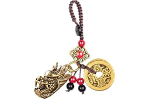 Mansiyuyee Brass Dragon Keychain with Feng Shui Coins, Head of Dragon Key Ring as Good Luck Charms Lucky Tassel