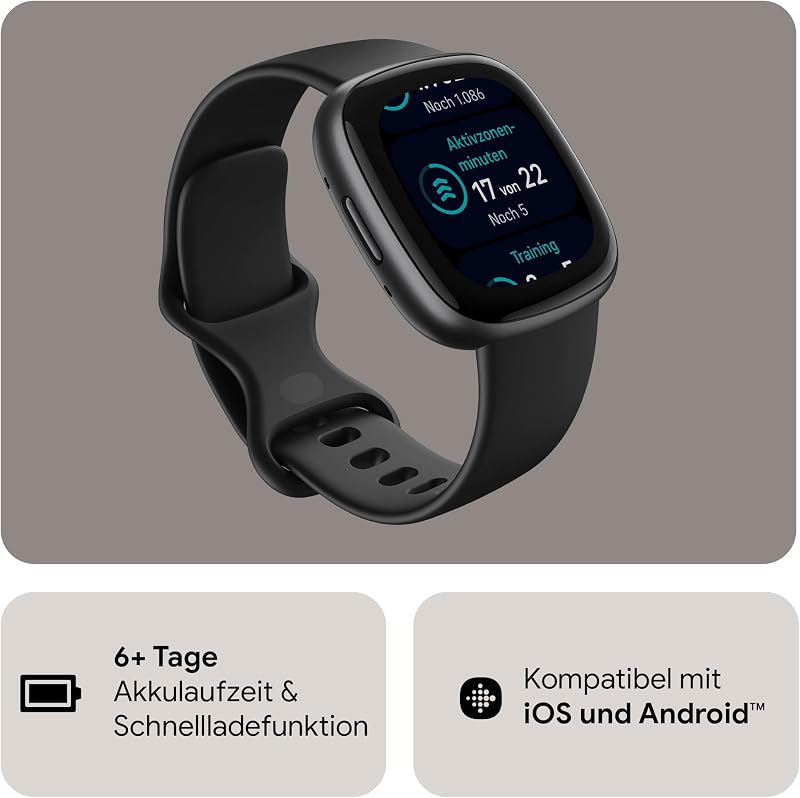 Google Versa 4 Smartwatch Fitness Tracker enthält eine 3 monatige Google Health Premium Mitgliedschaft, 6 Tage Akkulaufzeit – Kompatibel mit Android/iOS, Schwarz/Aluminium in Graphit