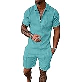BIRW XLarge Sky Blue Mens Short Sets 2 Piece Outfits Fashion Summer Tracksuits Casual Set Polo Shirt Short Sleeve and Shorts Set