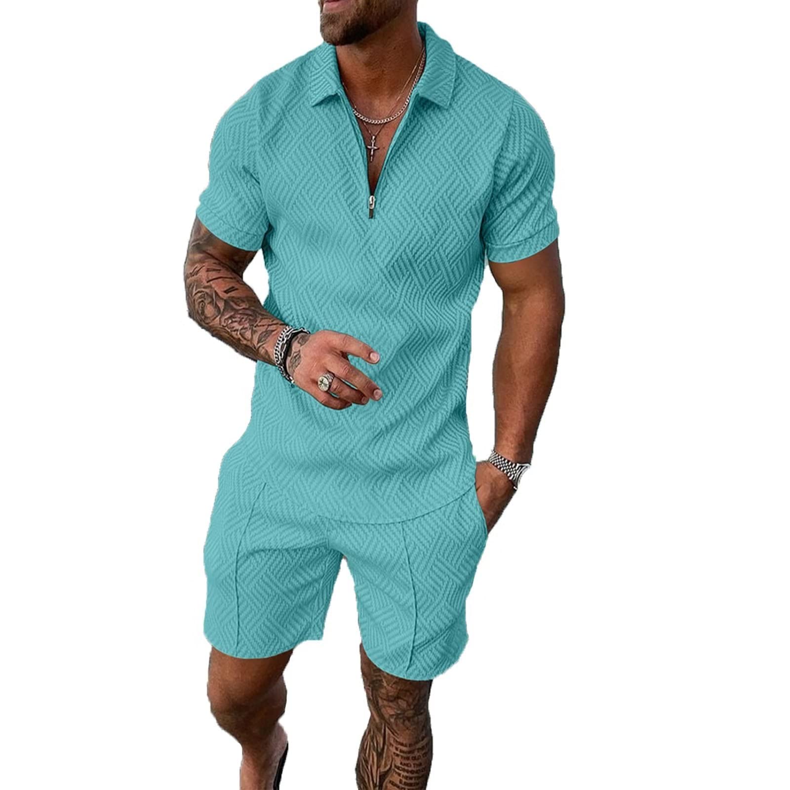 Photo 1 of Size XL Sky Blue Mens Short Sets 2 Piece Outfits Polo Shirt Fashion Summer Tracksuits Casual Set Short Sleeve and Shorts Set for Men