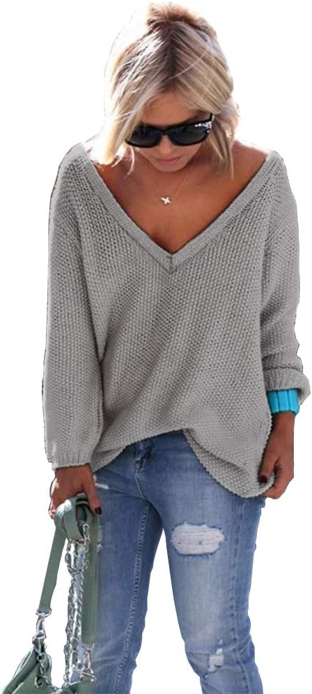 OSNIC Loose V Neck Sweater Women's Long Sleeve Knitted Pullover Loose Casual Tops Knitwear