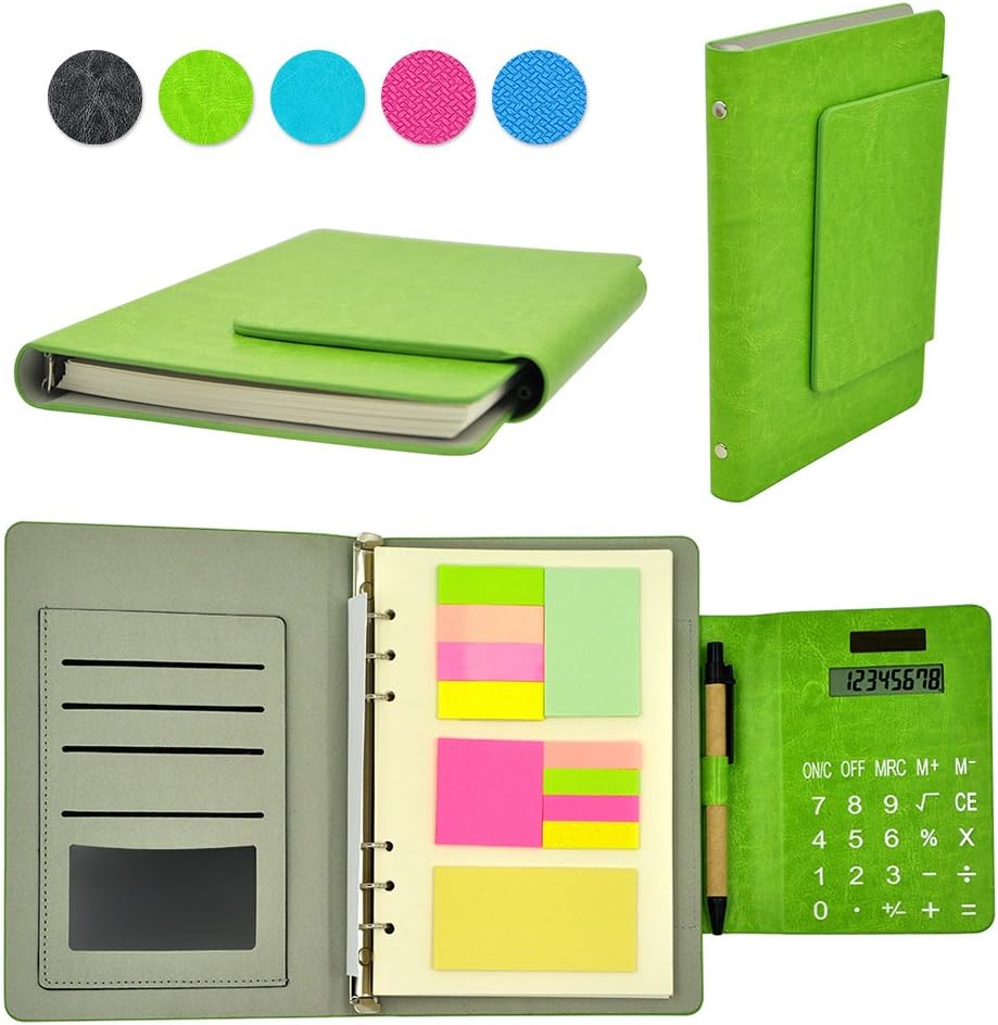 Bonniee PU Leather Refillable Notebook with Solar Calculator & Card Slot Loose Leaf Binder Writing Journal Executive Diary Planner Portfolio Folder with Pocket & Sticky Memos Personal Organiser Notepad in 8.5inch