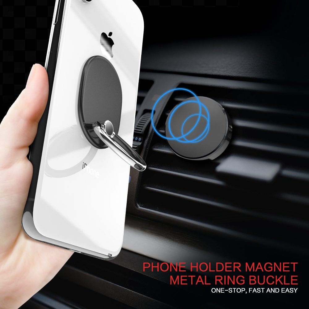 Magnetic Car Mount Holder With Cell Phone Ring Stand, Universal Car Air Vent Mount Stands Work With Phone Ring Grip Holder For Hands Free Fit for All Phones Cars (1Car Mount+1Ring Holder=Perfect Set)