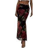 Milumia Women's Floral Low Waist Mesh Maxi Skirt Boho Bodycon Fishtail Long Skirts